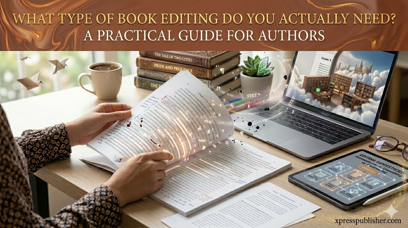 The four types of book editing explained — developmental editing, line editing, copyediting and proofreading guide for authors